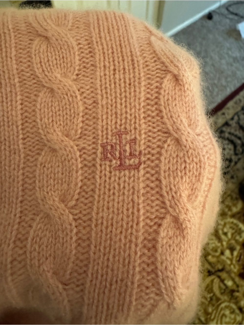 Ralph Lauren Peach Cable Knit Crew Neck Sweater 100% CASHMERE